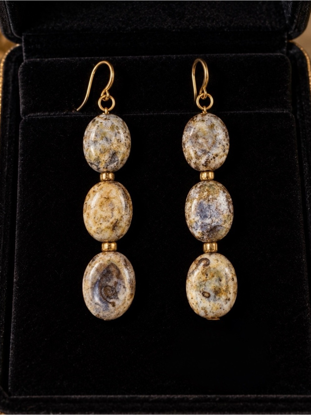 Gold Drop Earrings in Beige and Gray